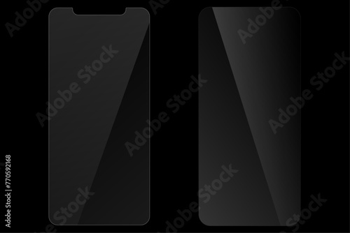 Set of protective glass for phone. Realistic reflection. Glass on black background. Vector illustration.	