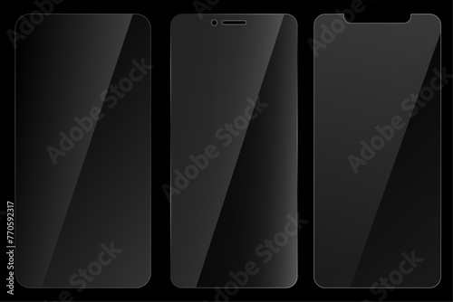 Set of protective glass for phone. Realistic reflection. Glass on black background. Vector illustration.	
