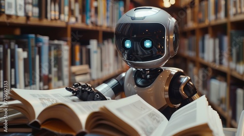 AI robot reading a book in the library. collaboratively studying from a vast array of textbooks. Machine learning, Innovation, futuristic technology concept
