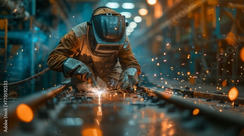Skilled welder at work with vibrant welding arc and protective gear photo
