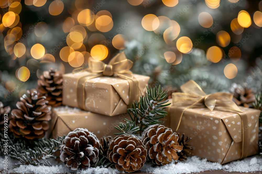 Christmas day gift presents wrapped in boxes under the festive tree with a bokeh background left by Santa Claus for a season greeting card design stock illustration image Christmas day gift presents wrapped in boxes under the festive tree with a bokeh background left by Santa Claus for a season greeting card design stock illustration image