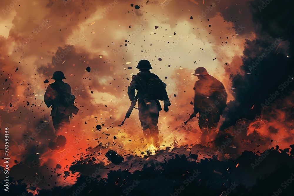 Soldiers on Battlefield in World War II, Dramatic War Scene with ...