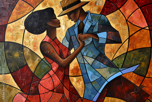 Afro- American male and female couple dancing the ballroom Calypso dance shown in an abstract cubist style watercolour oil painting for a poster or flyer, stock illustration image photo