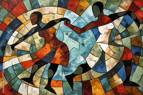 Afro- American male and female couple dancing the ballroom Calypso dance shown in an abstract cubist style watercolour oil painting for a poster or flyer, stock illustration image photo