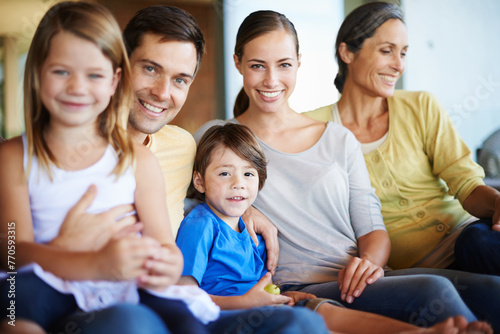 Big family, portrait and happy on sofa for love with bonding, care and affection for memories. Generations, together and relax in living room on couch for relationship growth with support for comfort