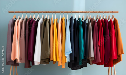 Clothes on hangers in modern dressing room, closeup view