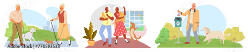 Happy elderly and pet animals activity vector illustration set