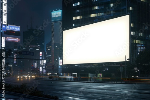 A vacant digital billboard lights up a night intersection, ready for advertising in the city's glowing heartbeat
