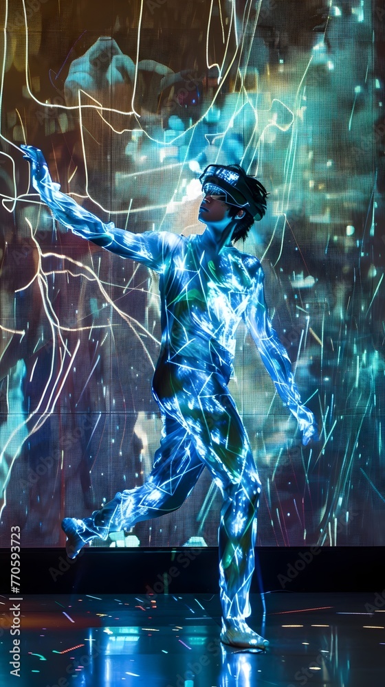 Obraz premium Futuristic Performance: A Symphony of Dance and Digital Enthralling Audiences in a Vibrant Dimensional Journey