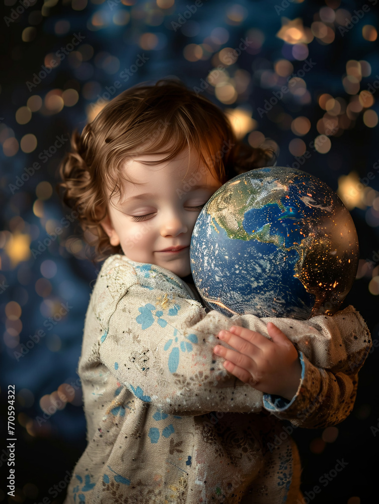 Naklejka premium Cute little child holding a globe, save the earth
