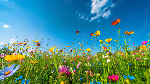 A field of vibrant wildflowers under a clear blue sky stretching towards the horizon.