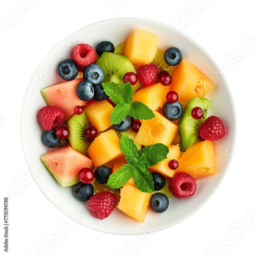 A refreshing summer fruit salad with melon  berries  and mint leaves  isolated on transparent background