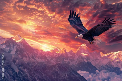 Majestic bald eagle soaring above rugged mountain peaks against a vibrant sunset sky, detailed digital painting © furyon