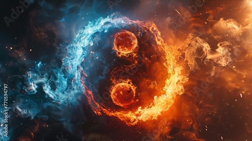 Yin and Yang symbol in fire and ice with smoke and spark effect photo