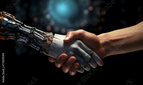 Robot hand touching human hand on dark background 3D rendering © Ilham