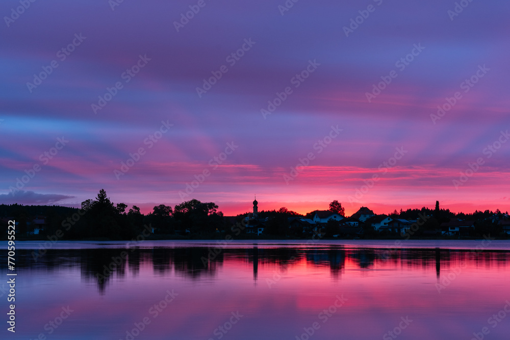 Beautiful purple sunrise over the river landscape