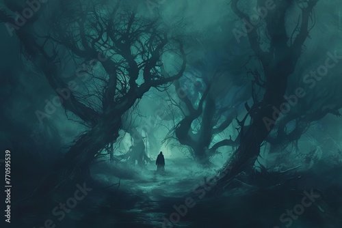 Mysterious dark forest with twisted trees, eerie mist, and a lone figure walking on a path, creating a sense of suspense and intrigue, digital painting