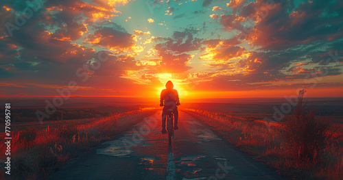 A person is riding a bike on a road at sunset. The sky is orange and the sun is setting