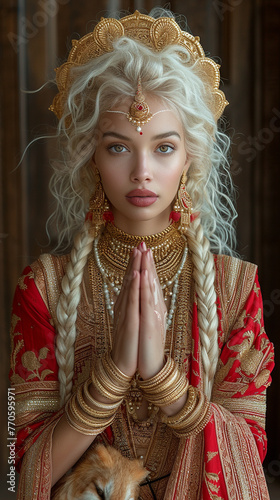  Goddess kali with animal. Indian culture kali puja. Blond woman. AI Generative.