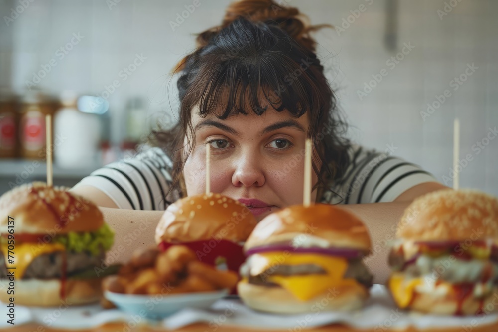 Overweight Woman Struggling with Unhealthy Lifestyle Choices, Junk Food Addiction Concept Overweight Woman Struggling with Unhealthy Lifestyle Choices, Junk Food Addiction Concept