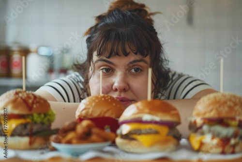 Overweight Woman Struggling with Unhealthy Lifestyle Choices  Junk Food Addiction Concept
