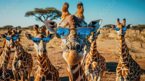 A group of giraffes with sunglasses smile at the camera, against an African savanna background