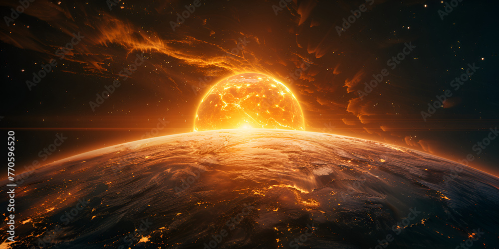 Venus planet realistic earth night with air routes with stars orange color sun light dark background - obrazy, fototapety, plakaty 