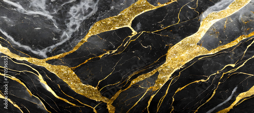 Panel kuchenny z motywem Black marble texture design, colorful dark marble surface, curved golden lines, bright abstruct. Generative AI.