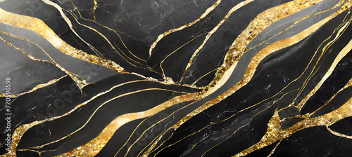Panel kuchenny z motywem Black marble texture design, colorful dark marble surface, curved golden lines, bright abstruct. Generative AI.
