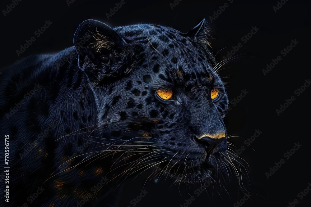 Realistic digital art illustration of a black panther with piercing eyes on dark background