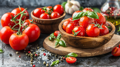 A bowl of tomatoes and basil sits on a wooden cutting board. The bowl is placed on a wooden cutting board with a few other ingredients, including some salt and pepper