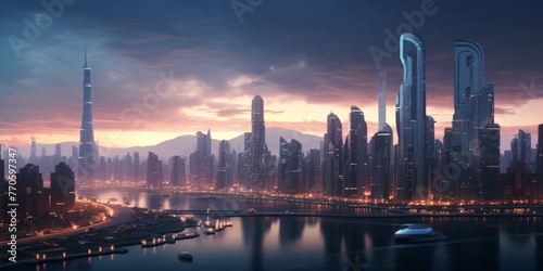 Futuristic Skyline Dusk Cityscape Urban Progress Technology Buildings Twilight Panorama