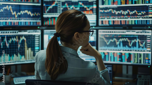 A financial analyst deeply focused on multiple screens displaying market data and trends.
