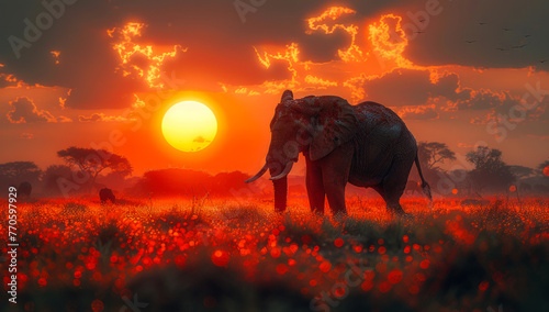 A large elephant stands in a field of red flowers. The sun is setting in the background, casting a warm glow over the scene.