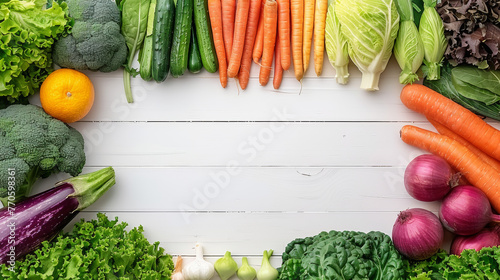 A colorful assortment of vegetables and fruits arranged in a circle on a white background. Concept of abundance and freshness  emphasizing the importance of a healthy diet