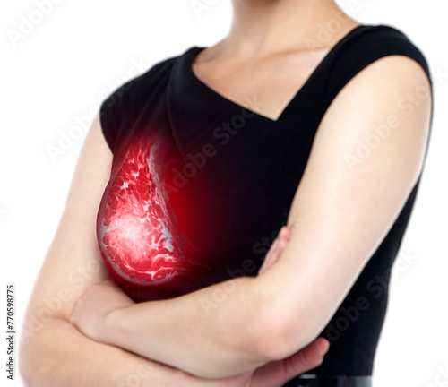 Photography During Breast Cancer Awareness Month, an MRI breast image on a woman's chest raises awareness, emphasizing early detection and support