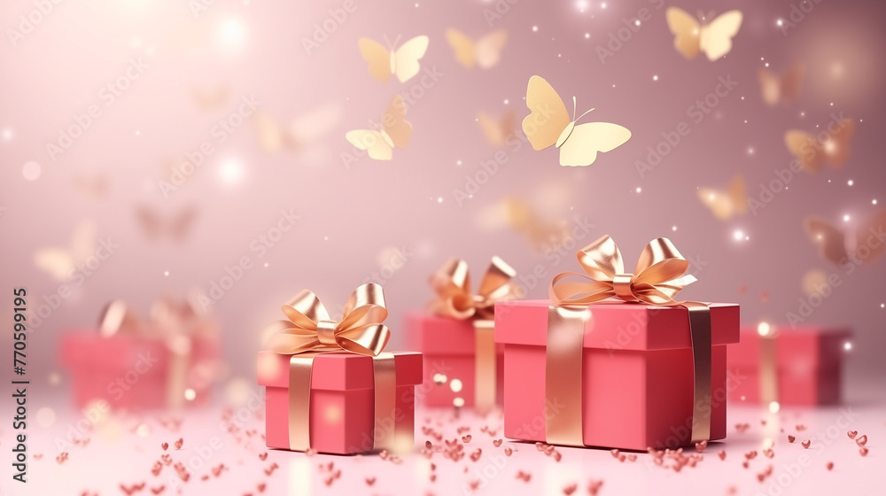 Background valentine's day,Mother's day, gift box with golden heart,Bokeh and butterfly,with space for your text.