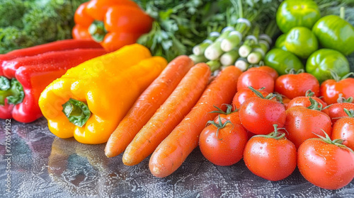 A variety of vegetables including tomatoes, peppers, and carrots are displayed on a counter. Concept of abundance and freshness, as the vegetables are arranged in a visually appealing manner