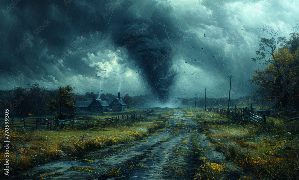 Fototapeta premium A painting of a storm with a tornado in the middle of it. The sky is dark and the painting has a mood of fear and danger