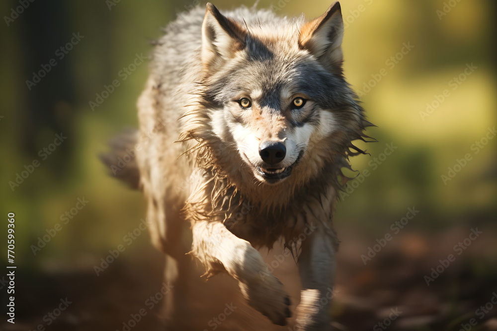Obraz premium running wolf with motion blurred background, wolf in motion, running wolf motion blurred, wof