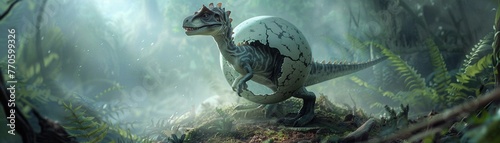 A baby dinosaur breaks free from its egg in a mystical misty forest photo
