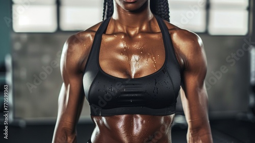 A close-up of a fit athletic womans torso showcasing defined abdominal muscles
