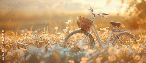 A classic white bicycle with a wicker basket stands in a wildflower field photo