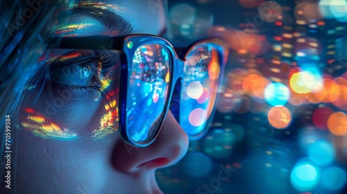 A Close-up of a womans eyes reflected in her glasses with a cityscape glowing at night photo