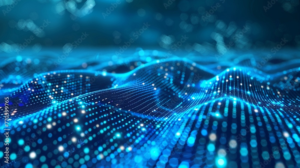 A high-tech image of digital network waves made of blue glowing dots symbolizing data flow A high-tech image of digital network waves made of blue glowing dots symbolizing data flow