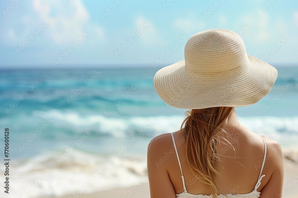 A stylish woman wearing a summer hat stands gracefully on a sandy beach