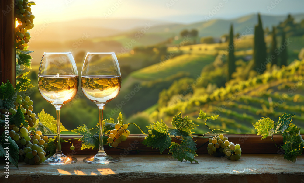 Two wine glasses are on a window sill with a view of a vineyard ...