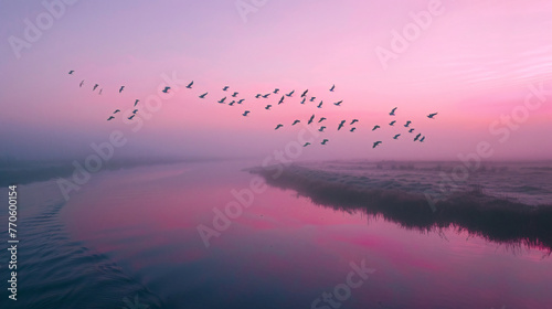 A flock of migratory birds flying in formation over a calm pristine wetland at dawn. photo