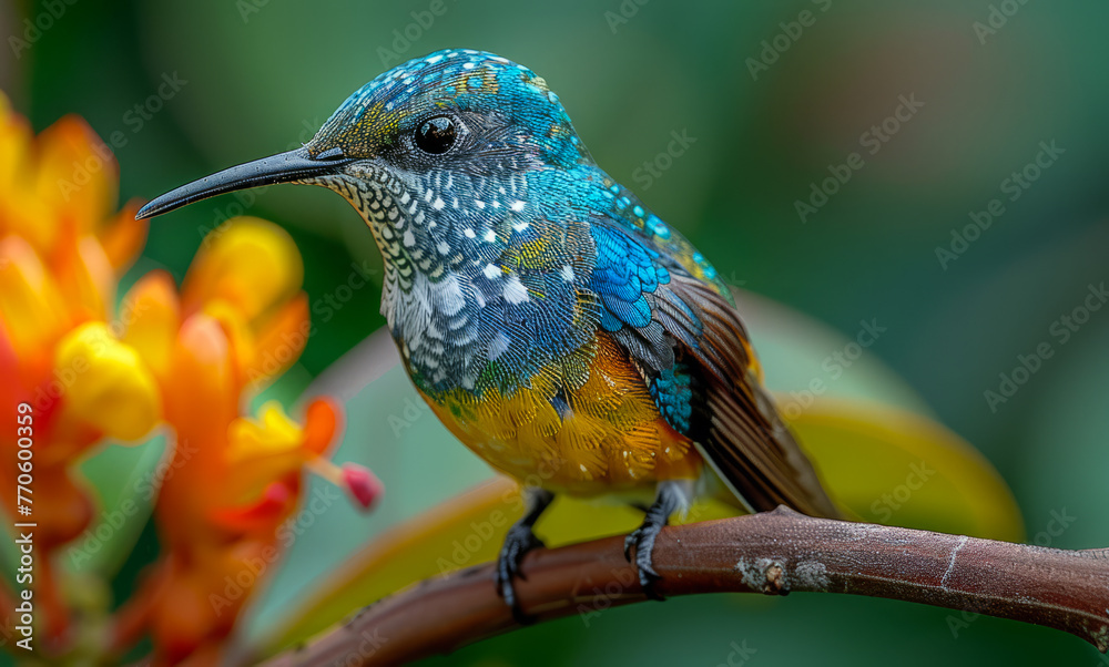 Fototapeta premium A blue and yellow bird is perched on a branch. The bird is surrounded by orange flowers, which give the scene a warm and vibrant atmosphere