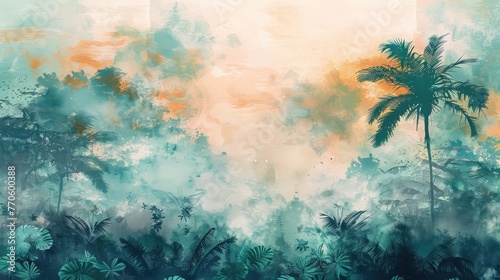 Wallpaper in watercolor style. Jungle landscape. © Khalif